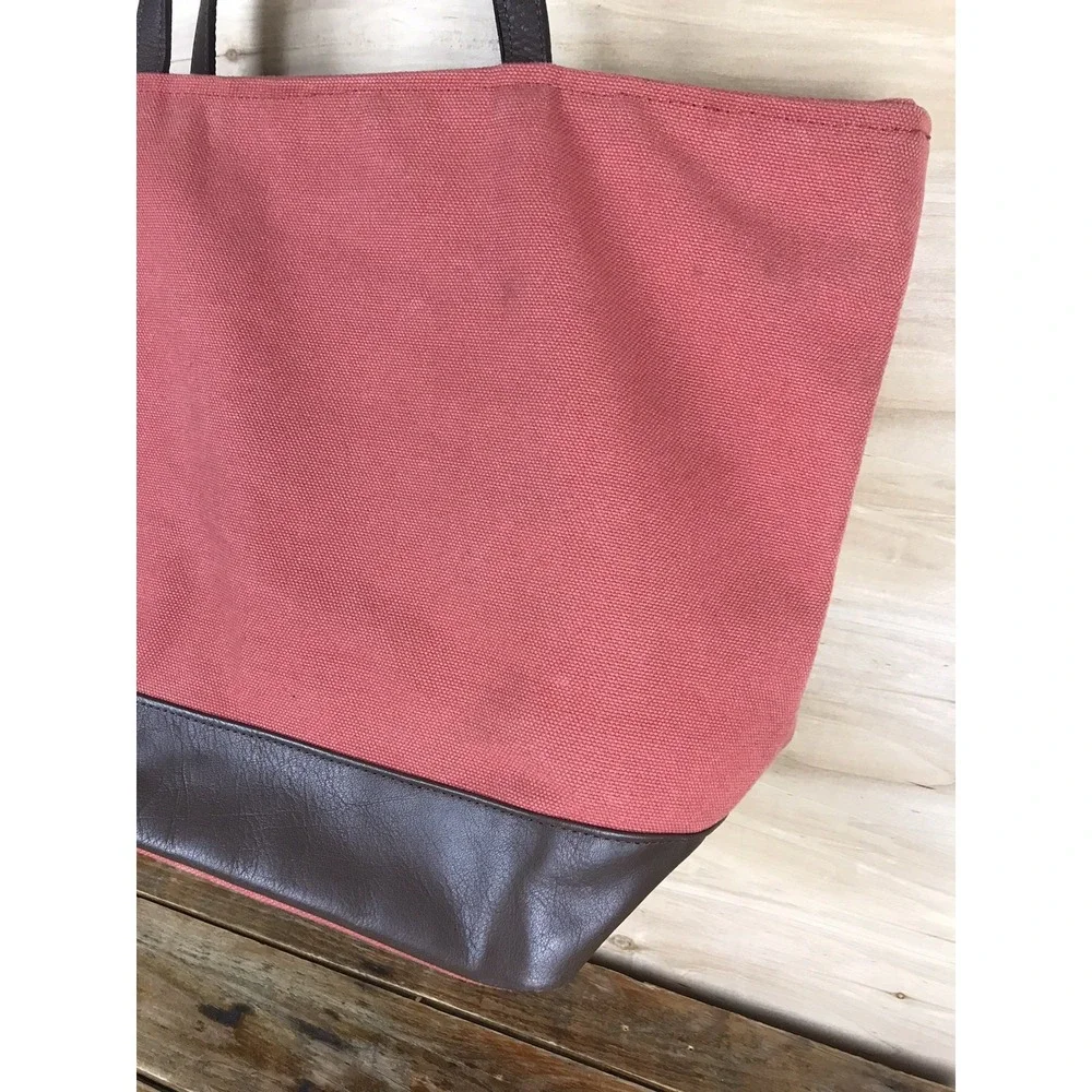 Restoration Hardware Large Canvas Tote Heavy Bag Leather Handles Zip Coral
